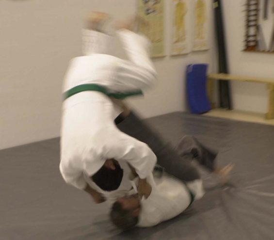 MARINE CORPS BASE CAMP LEJEUNE, N.C.  Practicing various moves of the Jujitsu martial art form, instructor, Wayne E. Nelson, a fifth degree black belt, performs a throw on his son and student Kris W. Nelson, an Okinawa, Japan, native. Younger Nelson is a green belt student who has been training for 13 months. No matter what the size of the opponent, flips and throws can be effective for even the smallest of people. (Official U.S. Marine Corps photo by Lance Cpl. Athanasios L. Genos)